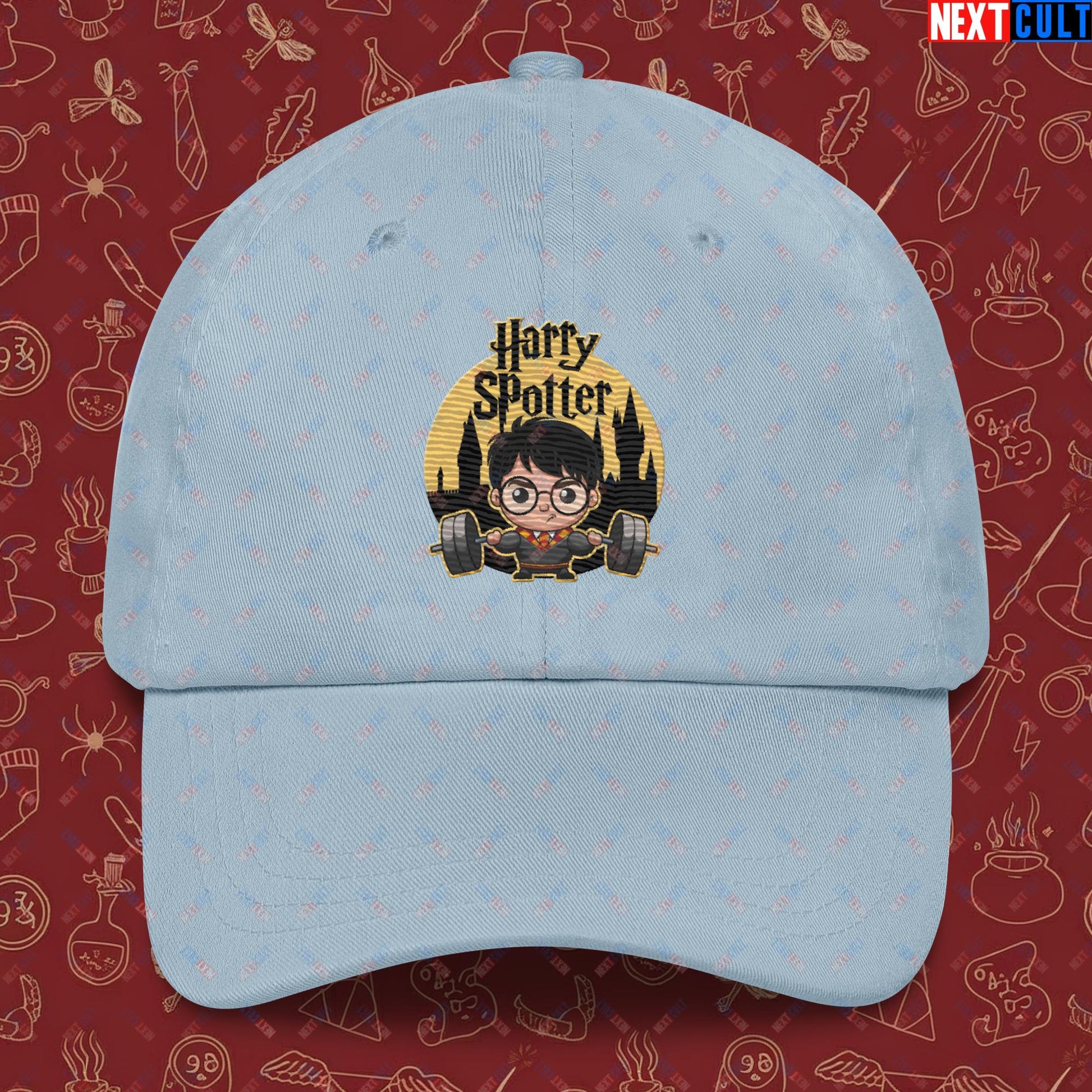 Harry Spotter Funny Gym Meme Weightlifting Bodybuilding Fitness Workout Dad hat Light Blue Hats Fitness Gym Workout Next Cult Brand