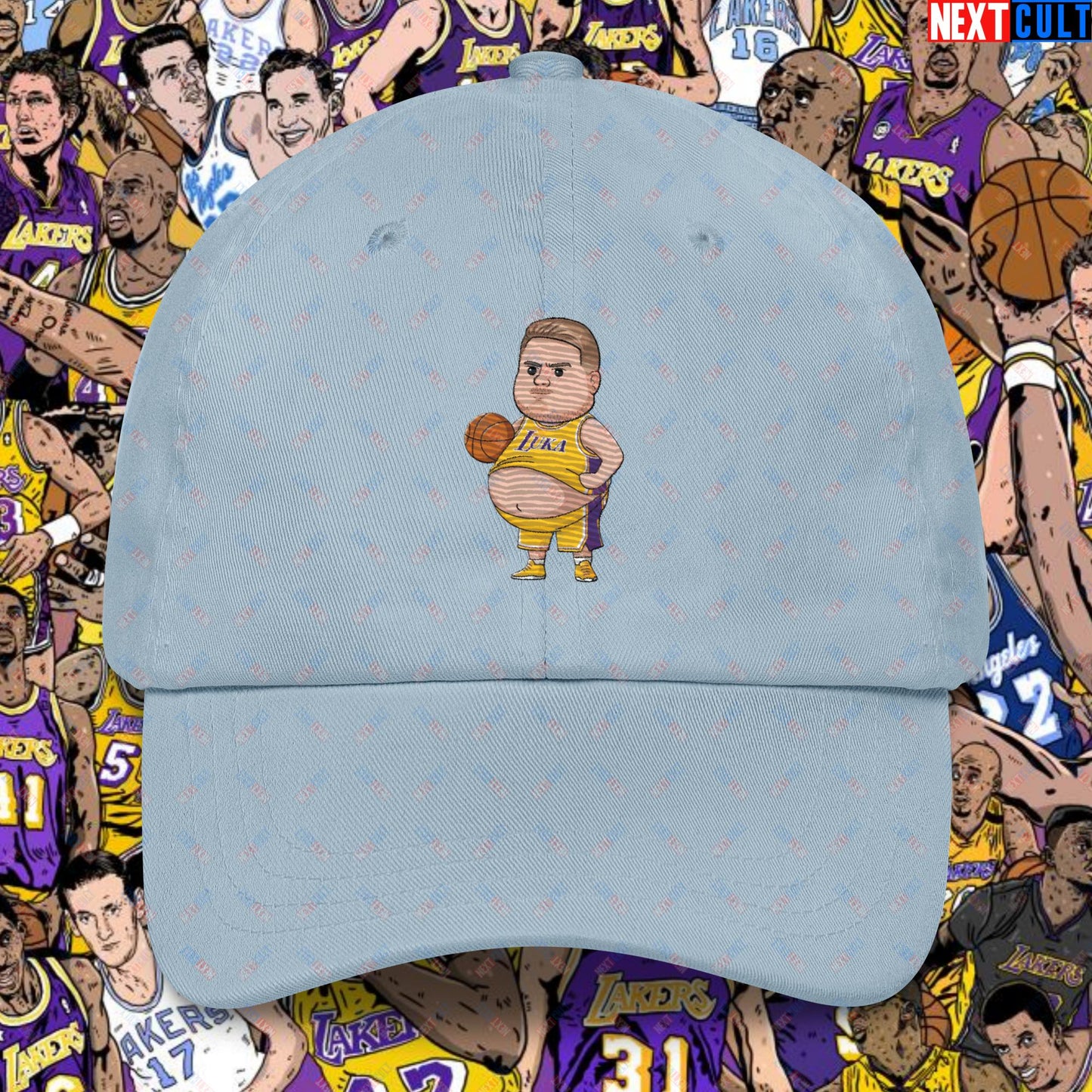 Fat Luka Doncic Los Angeles Lakers NBA Basketball Funny Meme Cartoon Dad hat Light Blue Hats Basketball Los Angeles Lakers Luka Doncic NBA Next Cult Brand