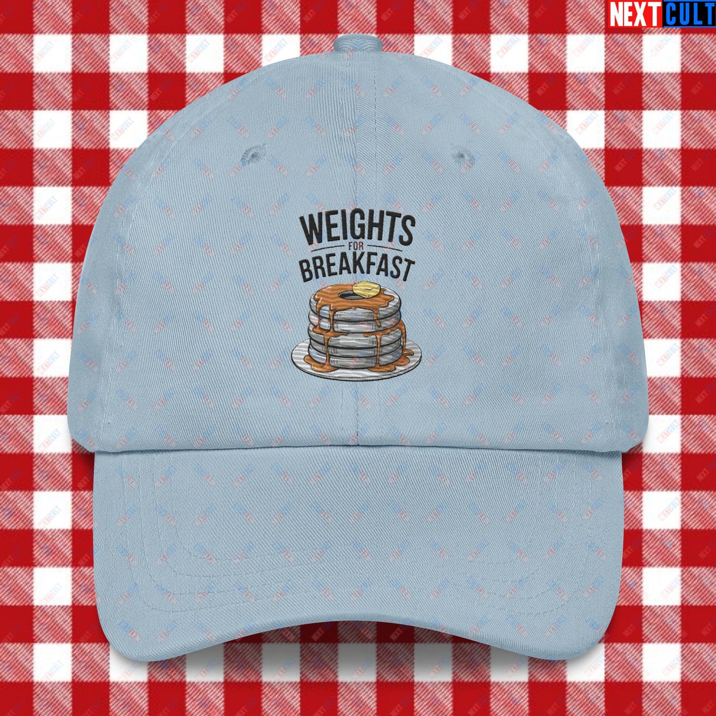 Weights For Breakfast Pancake Weights Funny Gym Workout Fitness Lifting Meme Cartoon Dad hat Light Blue Hats Bodybuilding Bulking Fitness Gym Workout Next Cult Brand