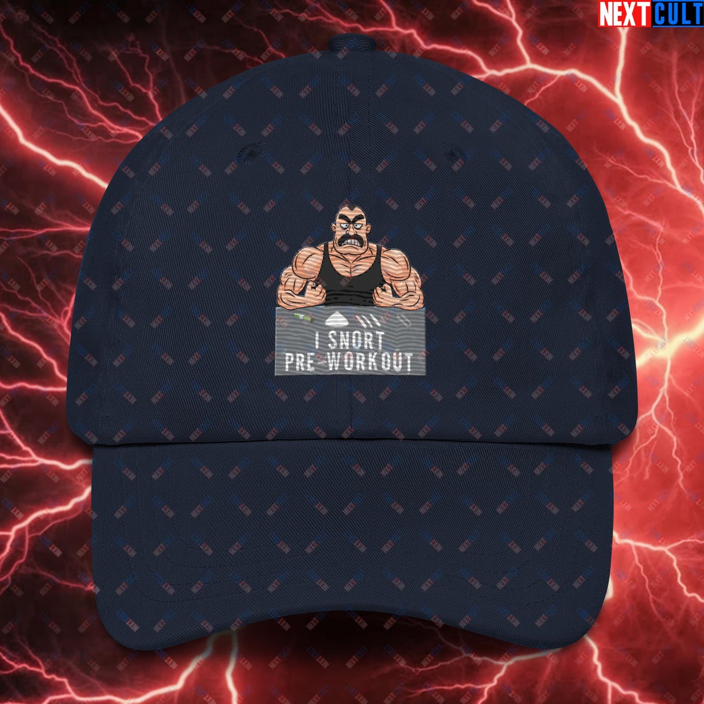 I Snort Pre-workout Gym Bro Fitness Bodybuilding Workout Weightlifting Powerlifting Funny Meme Cartoon Dad hat Navy Hats Fitness Gym Workout Next Cult Brand