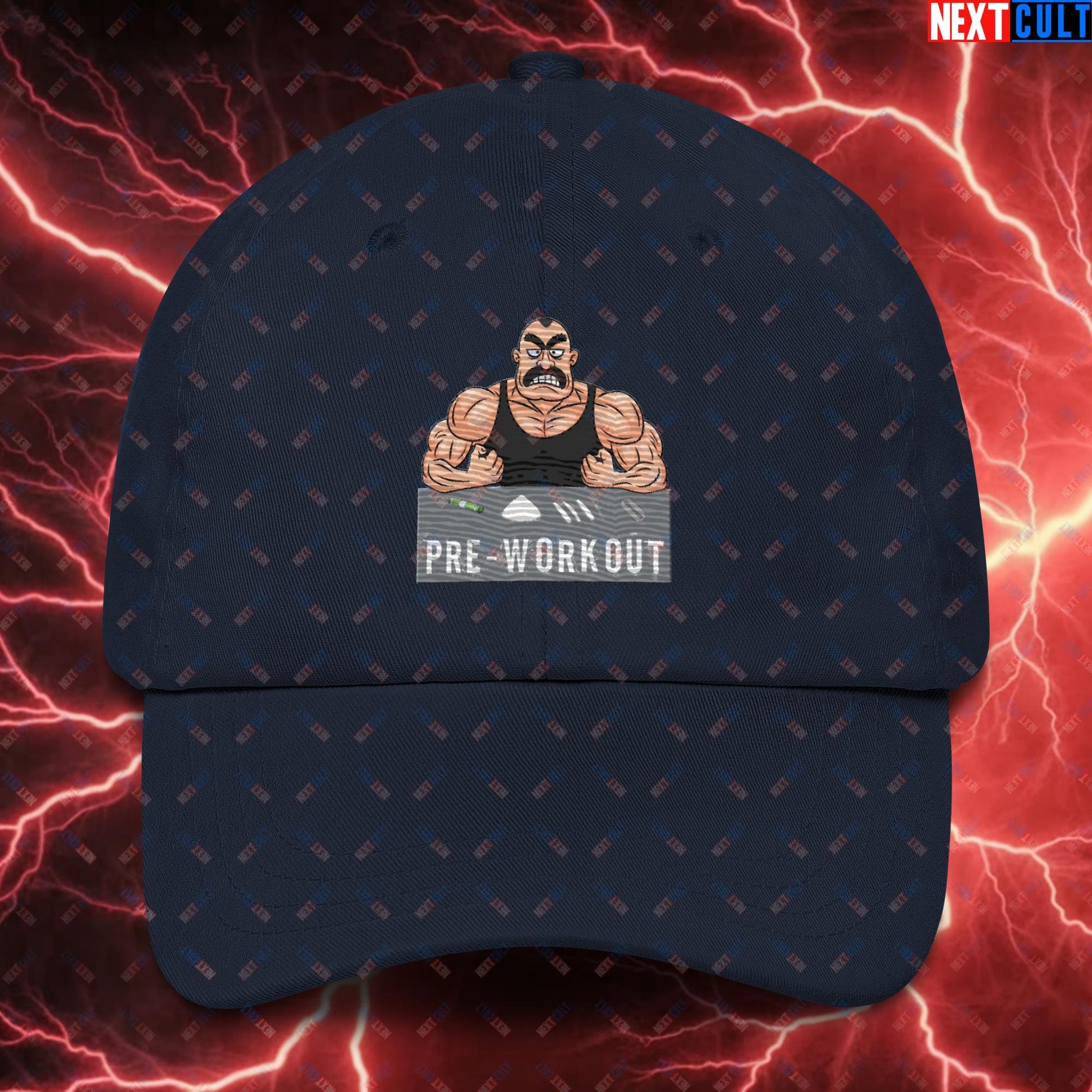 I Love Pre-workout Gym Bro Fitness Bodybuilding Workout Weightlifting Powerlifting Funny Meme Cartoon Dad hat Navy Hats Fitness Gym Workout Next Cult Brand