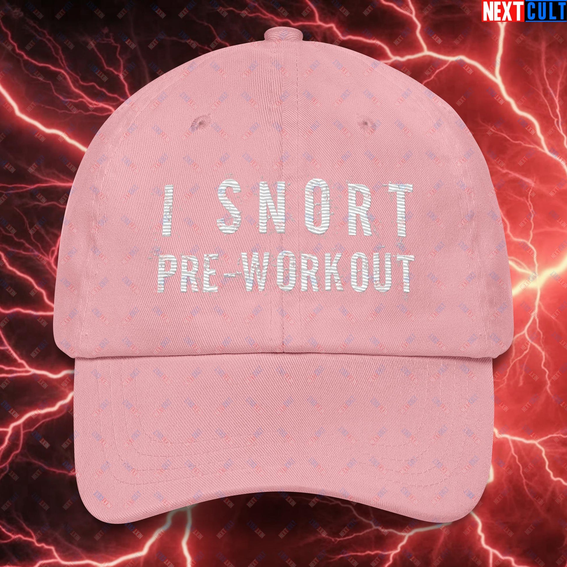 I Snort Pre-workout Gym Bro Fitness Bodybuilding Workout Weightlifting Powerlifting Funny Meme Dad hat Pink Hats Fitness Gym Workout Next Cult Brand