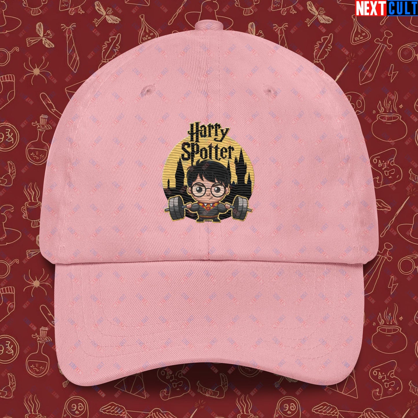 Harry Spotter Funny Gym Meme Weightlifting Bodybuilding Fitness Workout Dad hat Pink Hats Fitness Gym Workout Next Cult Brand