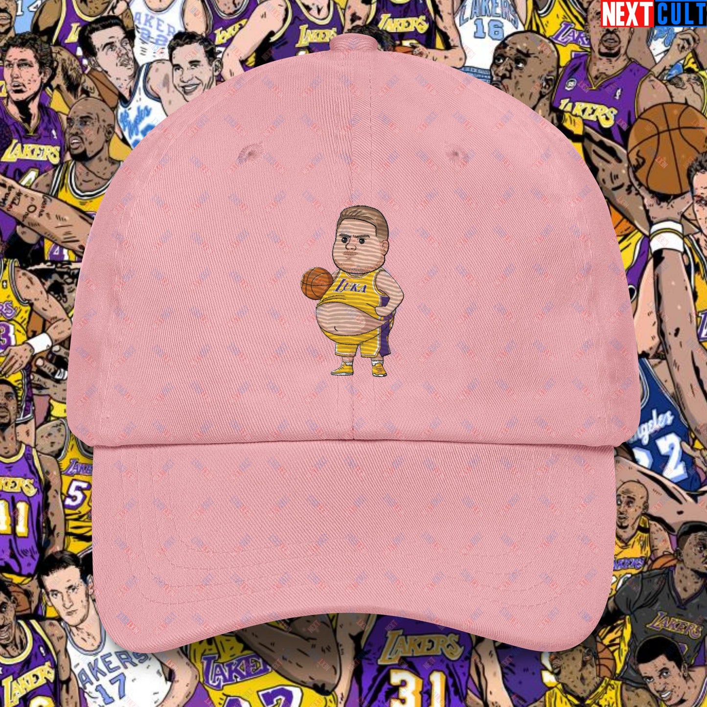 Fat Luka Doncic Los Angeles Lakers NBA Basketball Funny Meme Cartoon Dad hat Pink Hats Basketball Los Angeles Lakers Luka Doncic NBA Next Cult Brand