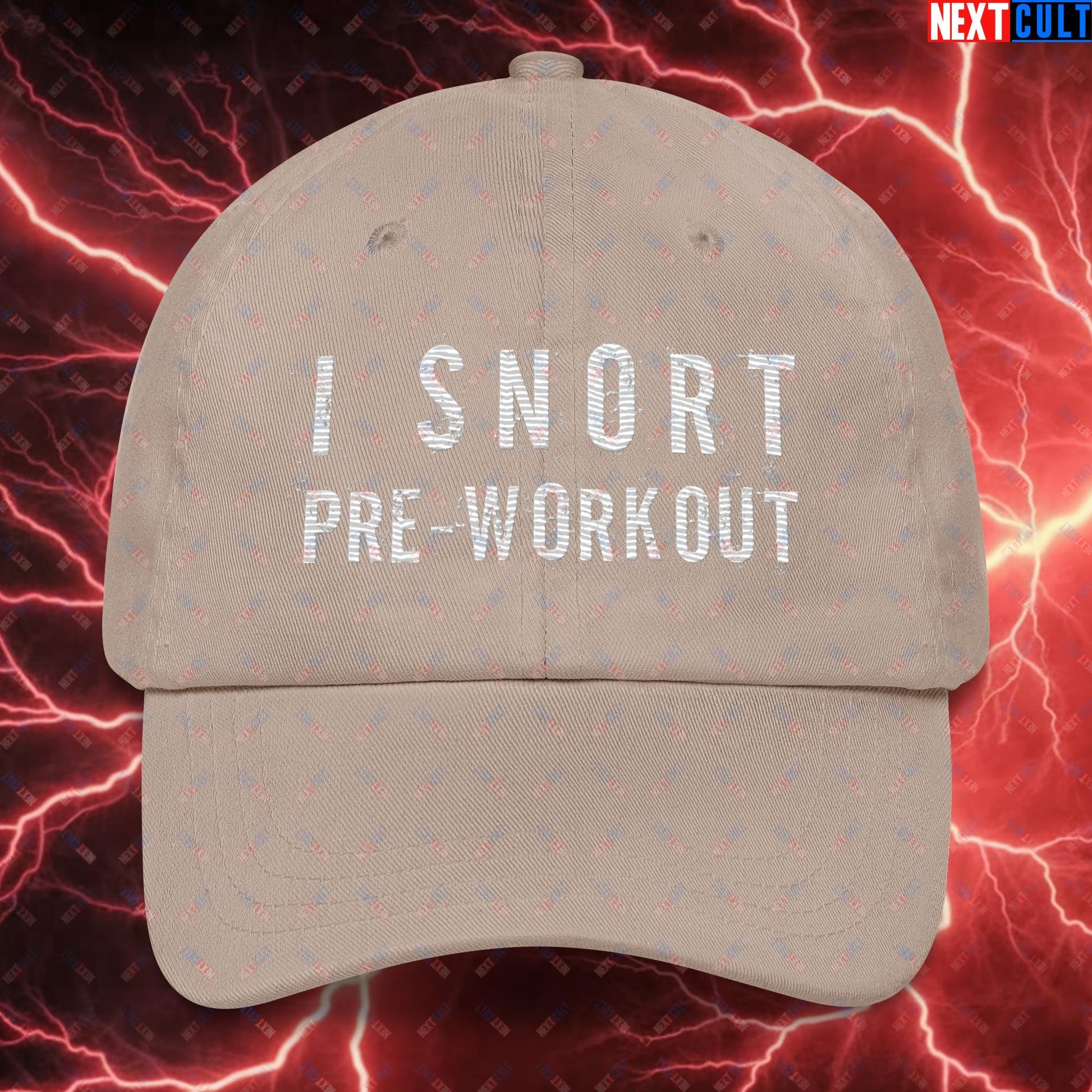 I Snort Pre-workout Gym Bro Fitness Bodybuilding Workout Weightlifting Powerlifting Funny Meme Dad hat Stone Hats Fitness Gym Workout Next Cult Brand