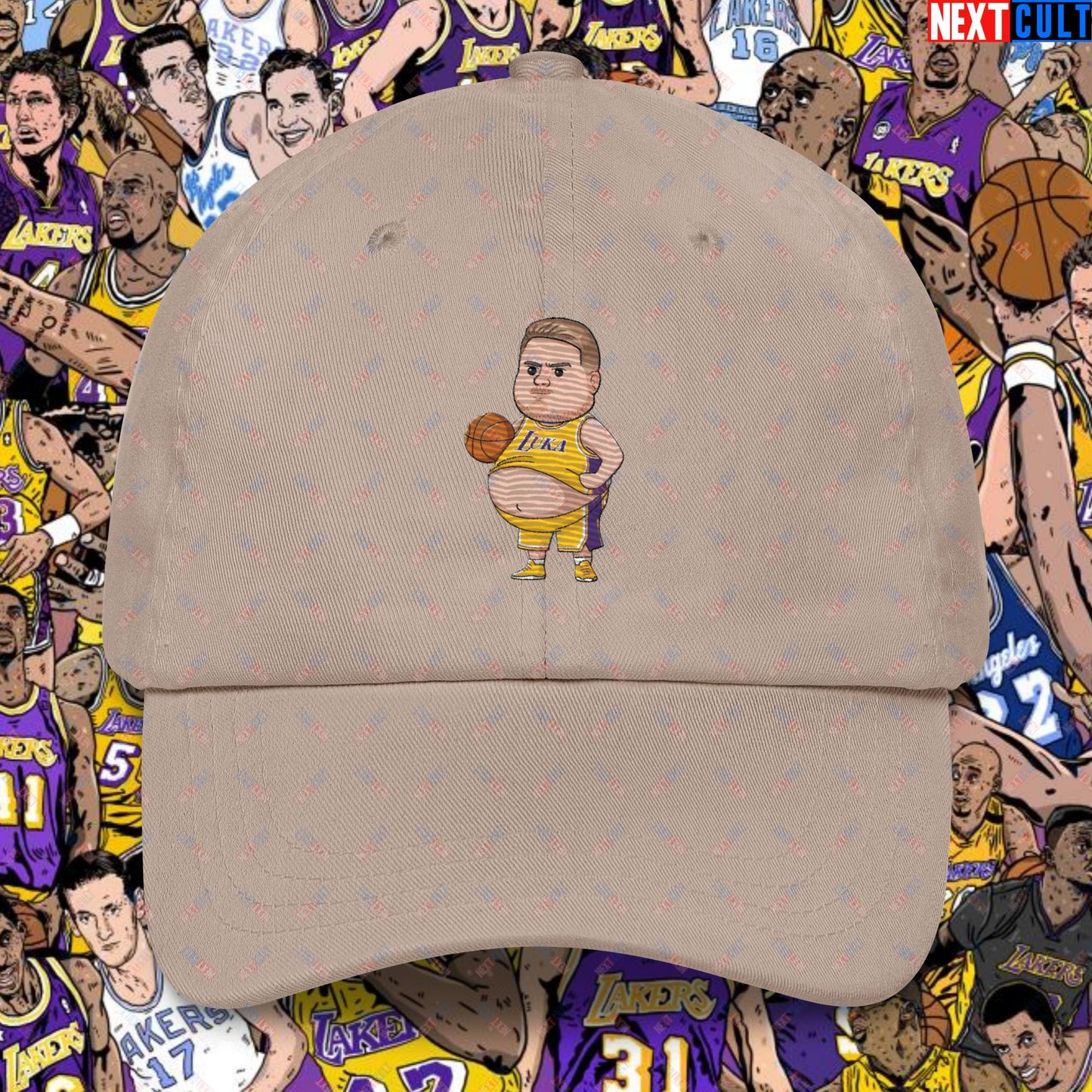 Fat Luka Doncic Los Angeles Lakers NBA Basketball Funny Meme Cartoon Dad hat Stone Hats Basketball Los Angeles Lakers Luka Doncic NBA Next Cult Brand