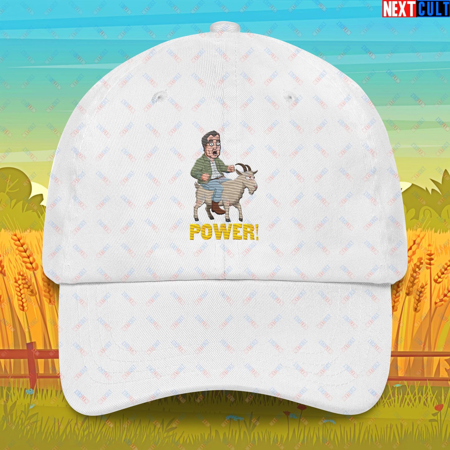 Speed and Power Goat Jeremy Clarkson's Farm Diddly Squat Grand Tour Top Gear Funny Meme Cartoon Dad hat White Hats Clarkson's Farm Grand Tour Jeremy Clarkson Top Gear TV Shows Next Cult Brand