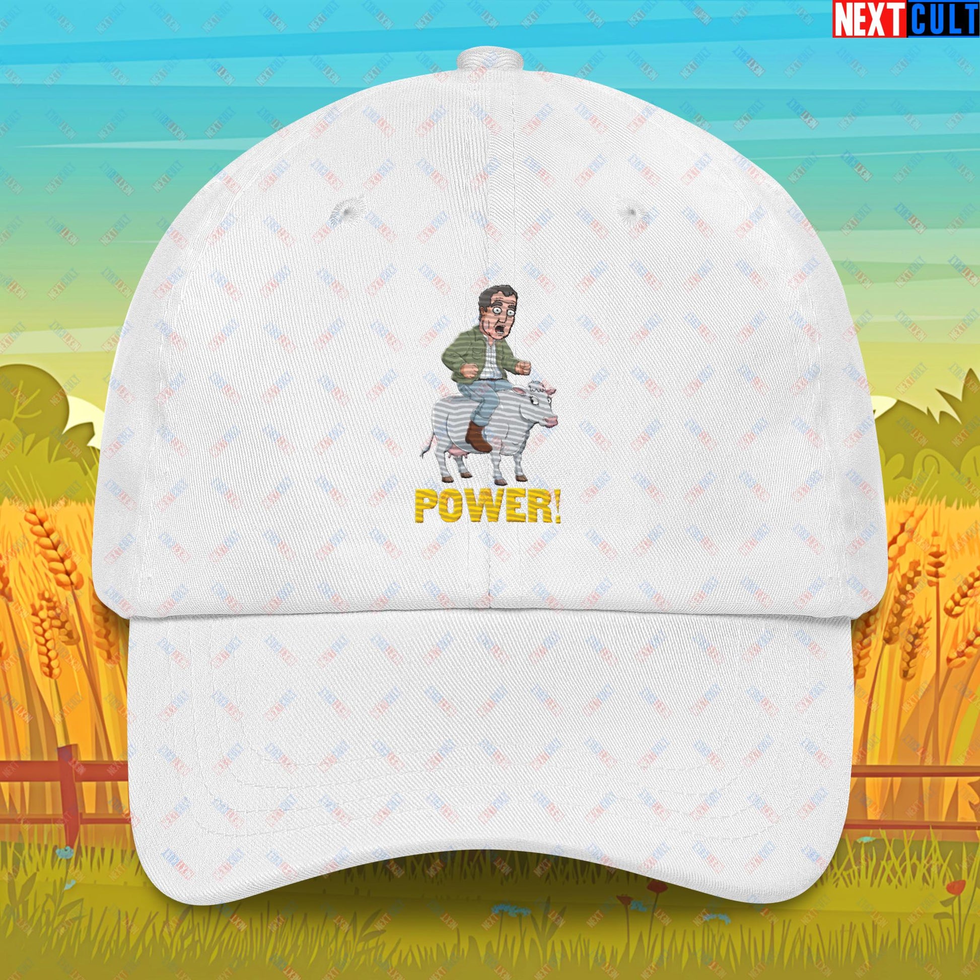 Speed and Power Pepper Cow Jeremy Clarkson's Farm Diddly Squat Grand Tour Top Gear Funny Meme Cartoon Dad hat White Hats Clarkson's Farm Grand Tour Jeremy Clarkson Top Gear TV Shows Next Cult Brand