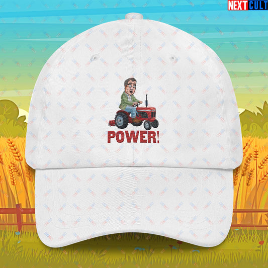 Speed and Power Tractor Jeremy Clarkson's Farm Diddly Squat Grand Tour Top Gear Funny Meme Cartoon Dad hat White Hats Clarkson's Farm Grand Tour Jeremy Clarkson Top Gear TV Shows Next Cult Brand