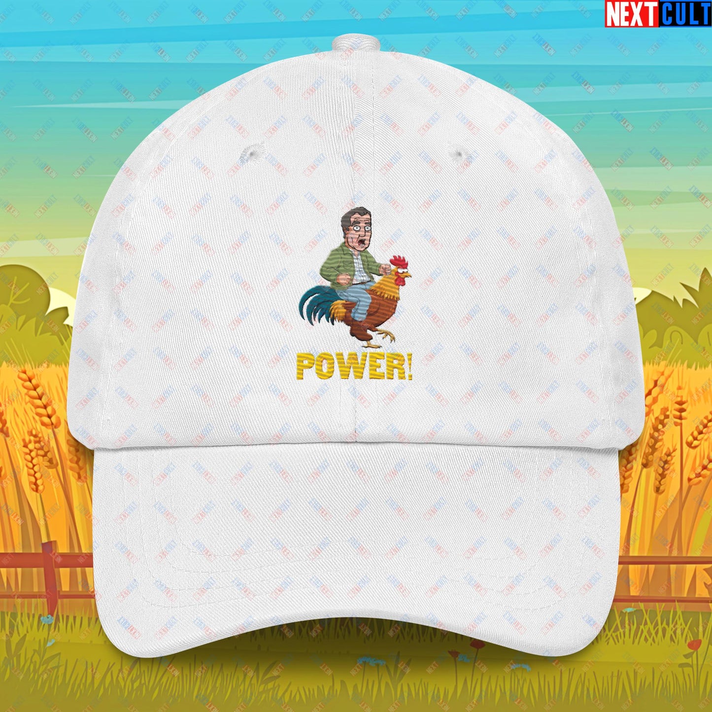 Power Rooster Chicken Farming Jeremy Clarkson's Farm Diddly Squat Grand Tour Top Gear Funny Meme Cartoon Dad hat White Hats Clarkson's Farm Grand Tour Jeremy Clarkson Top Gear TV Shows Next Cult Brand