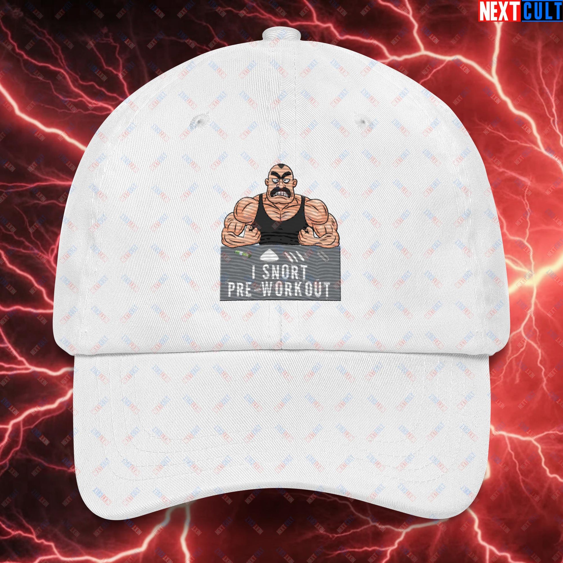 I Snort Pre-workout Gym Bro Fitness Bodybuilding Workout Weightlifting Powerlifting Funny Meme Cartoon Dad hat White Hats Fitness Gym Workout Next Cult Brand