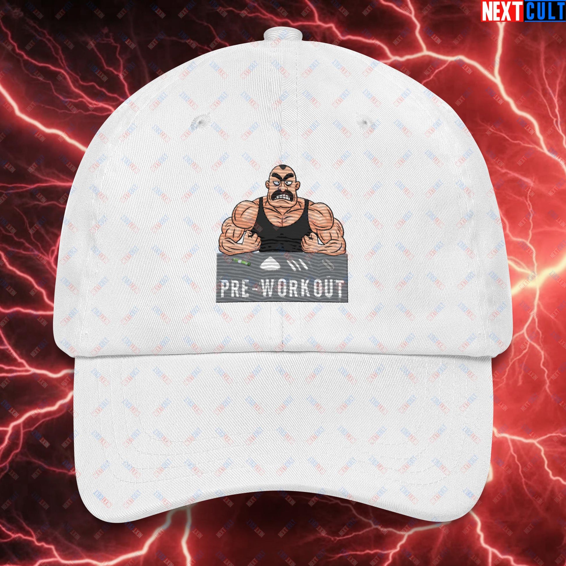 I Love Pre-workout Gym Bro Fitness Bodybuilding Workout Weightlifting Powerlifting Funny Meme Cartoon Dad hat White Hats Fitness Gym Workout Next Cult Brand