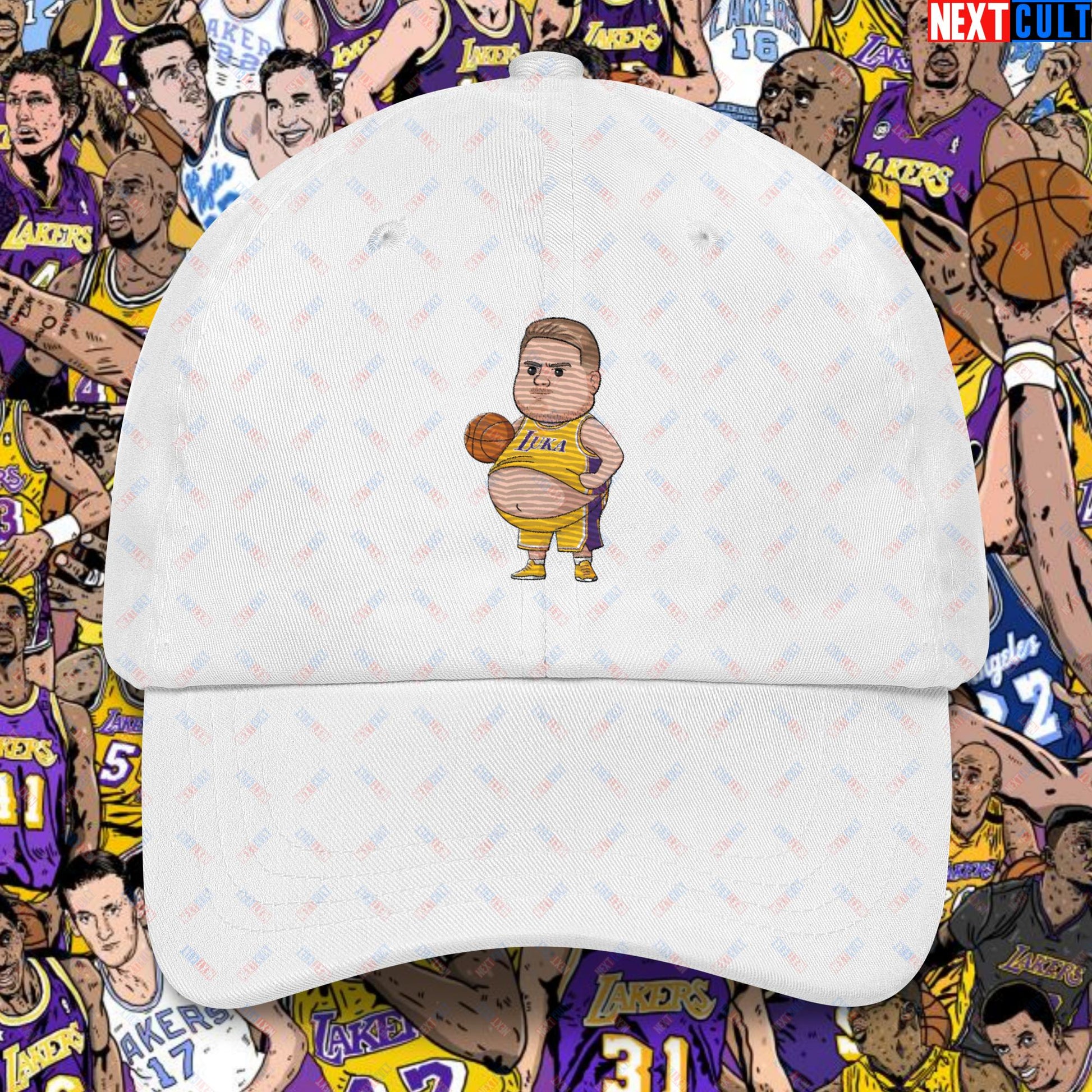 Fat Luka Doncic Los Angeles Lakers NBA Basketball Funny Meme Cartoon Dad hat White Hats Basketball Los Angeles Lakers Luka Doncic NBA Next Cult Brand