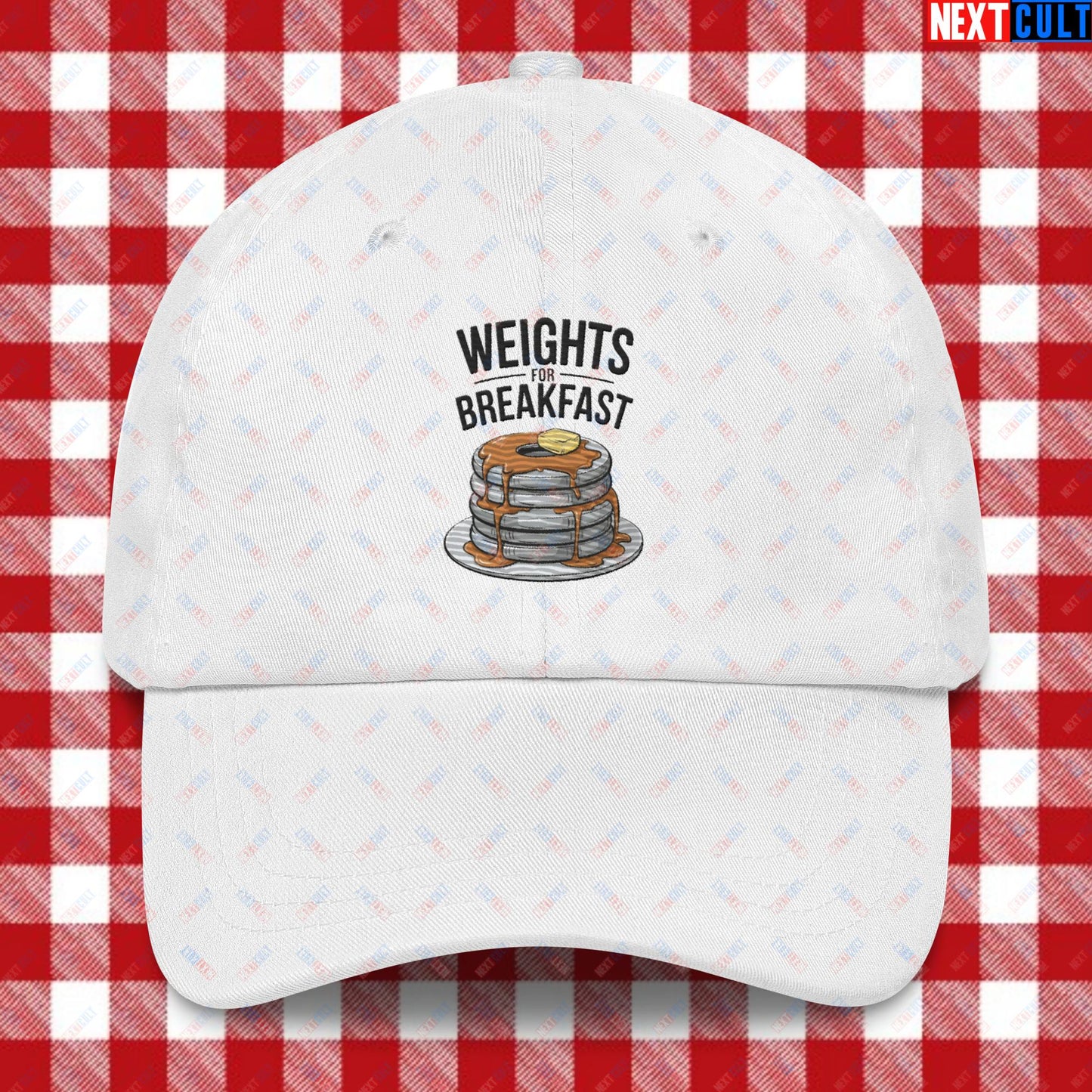 Weights For Breakfast Pancake Weights Funny Gym Workout Fitness Lifting Meme Cartoon Dad hat White Hats Bodybuilding Bulking Fitness Gym Workout Next Cult Brand