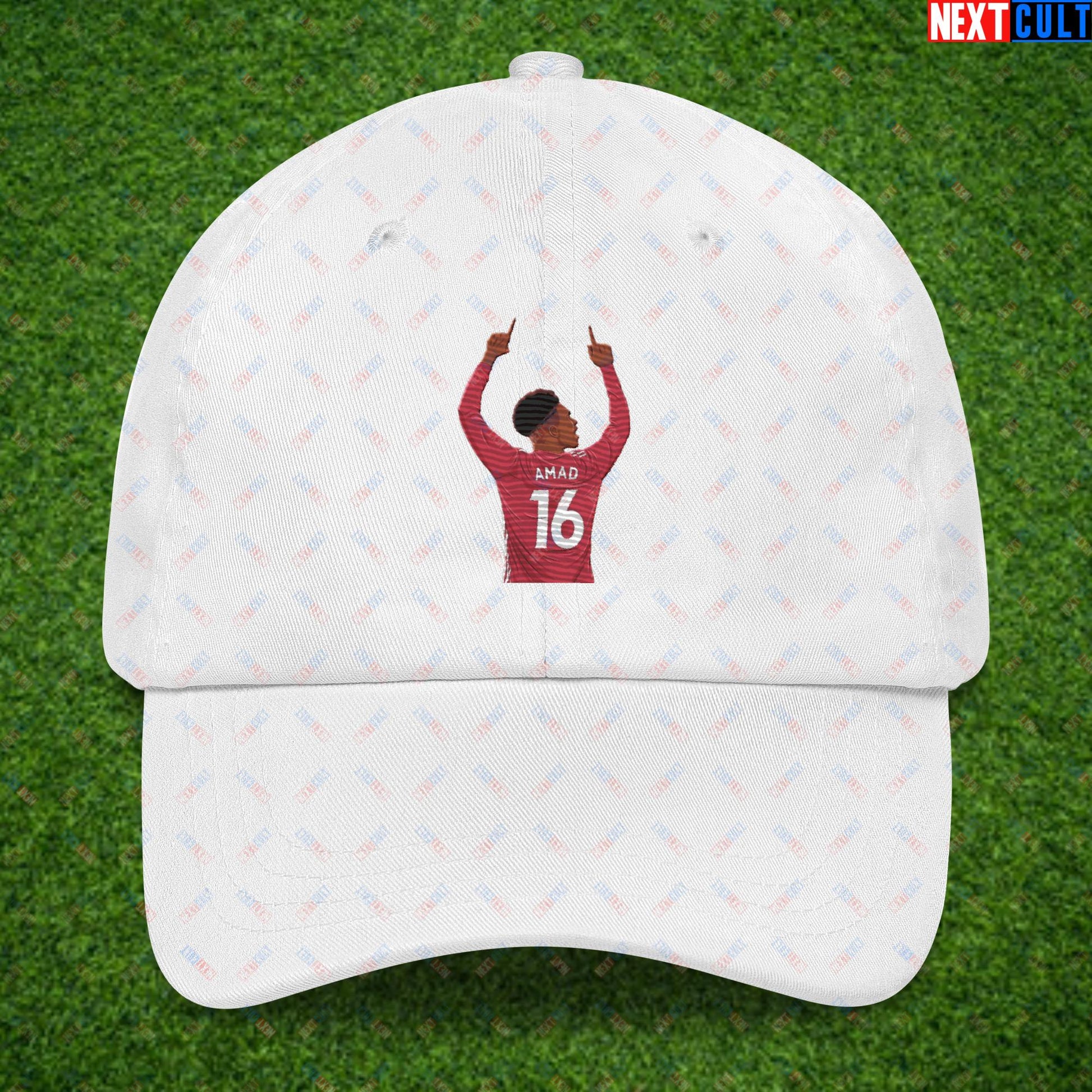 Amad Diallo Goal Celebration AMADNESS Manchester United Funny Meme Cartoon Dad hat White Hats Amad Diallo Football Manchester United Next Cult Brand