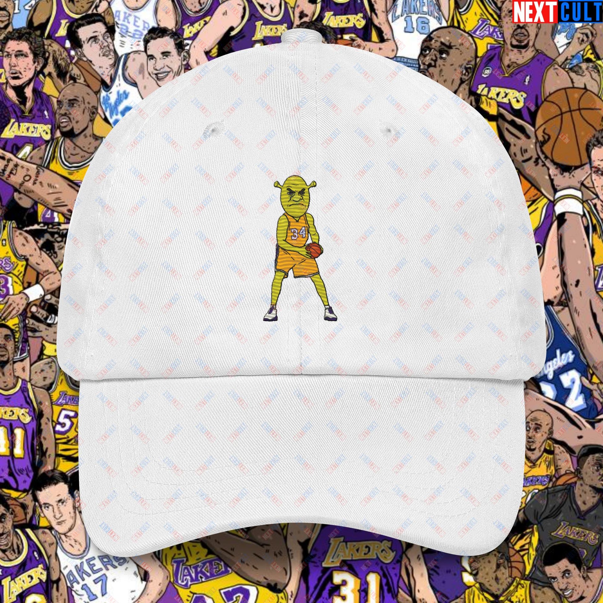 Shrequille O'Neal Dad Hat - Shaquille O'Neal as Shrek Funny Basketball Meme Cap - Perfect Gift for Basketball Fans and Shrek Lovers Dad hat White Hats Basketball Los Angeles Lakers NBA Shaq Shrek Next Cult Brand