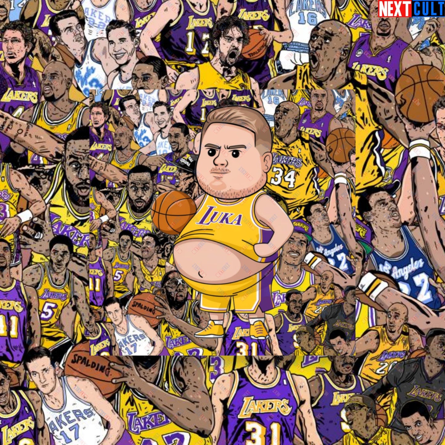 Fat Luka Doncic Los Angeles Lakers NBA Basketball Funny Meme Cartoon Poster 10″×10″ Posters Basketball Los Angeles Lakers Luka Doncic NBA Next Cult Brand