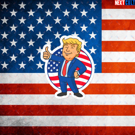 President Boy Donald Trump Politics Vault Boy Fallout Funny Meme Cartoon Mashup Bubble-free stickers 3″×3″ Stickers Donald Trump Fallout Politics Republicans Vault Boy Next Cult Brand