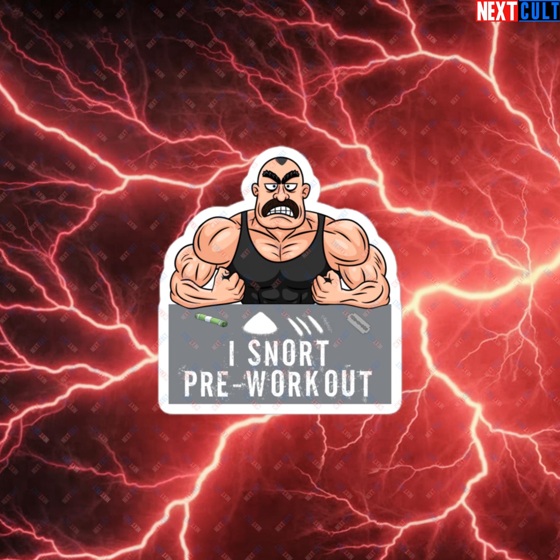 I Snort Pre-workout Gym Bro Fitness Bodybuilding Workout Weightlifting Powerlifting Funny Meme Cartoon Bubble-free stickers 3″×3″ Stickers Fitness Gym Workout Next Cult Brand