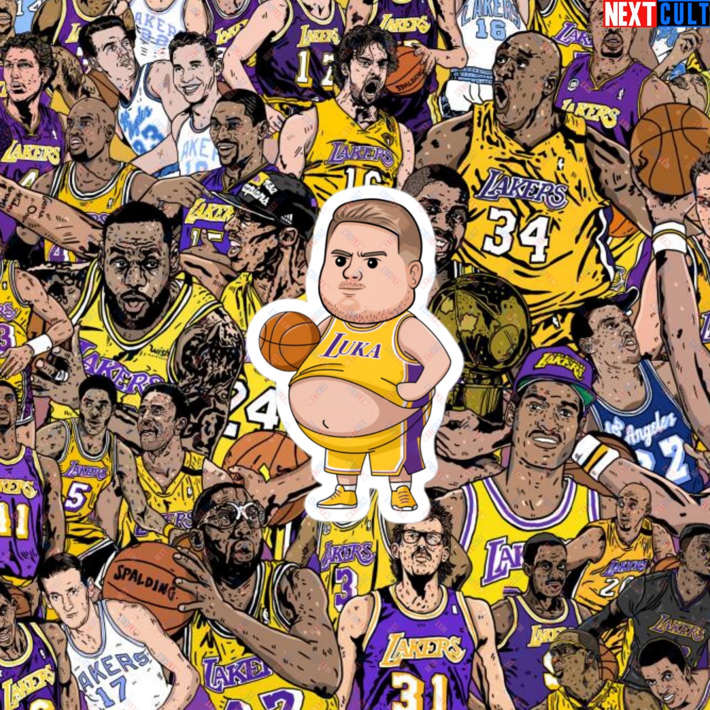 Fat Luka Doncic Los Angeles Lakers NBA Basketball Funny Meme Cartoon Bubble-free stickers 3″×3″ Stickers Basketball Los Angeles Lakers Luka Doncic NBA Next Cult Brand