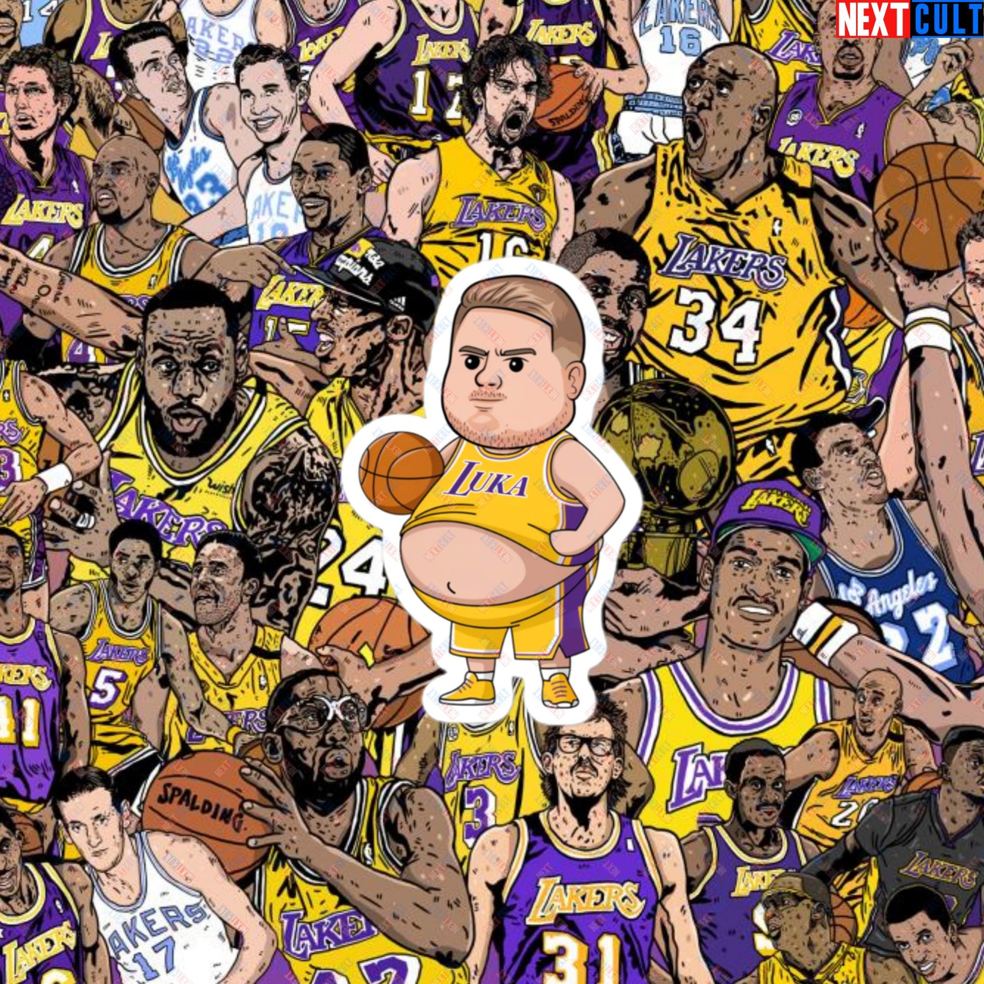 Fat Luka Doncic Los Angeles Lakers NBA Basketball Funny Meme Cartoon Bubble-free stickers 3″×3″ Stickers Basketball Los Angeles Lakers Luka Doncic NBA Next Cult Brand