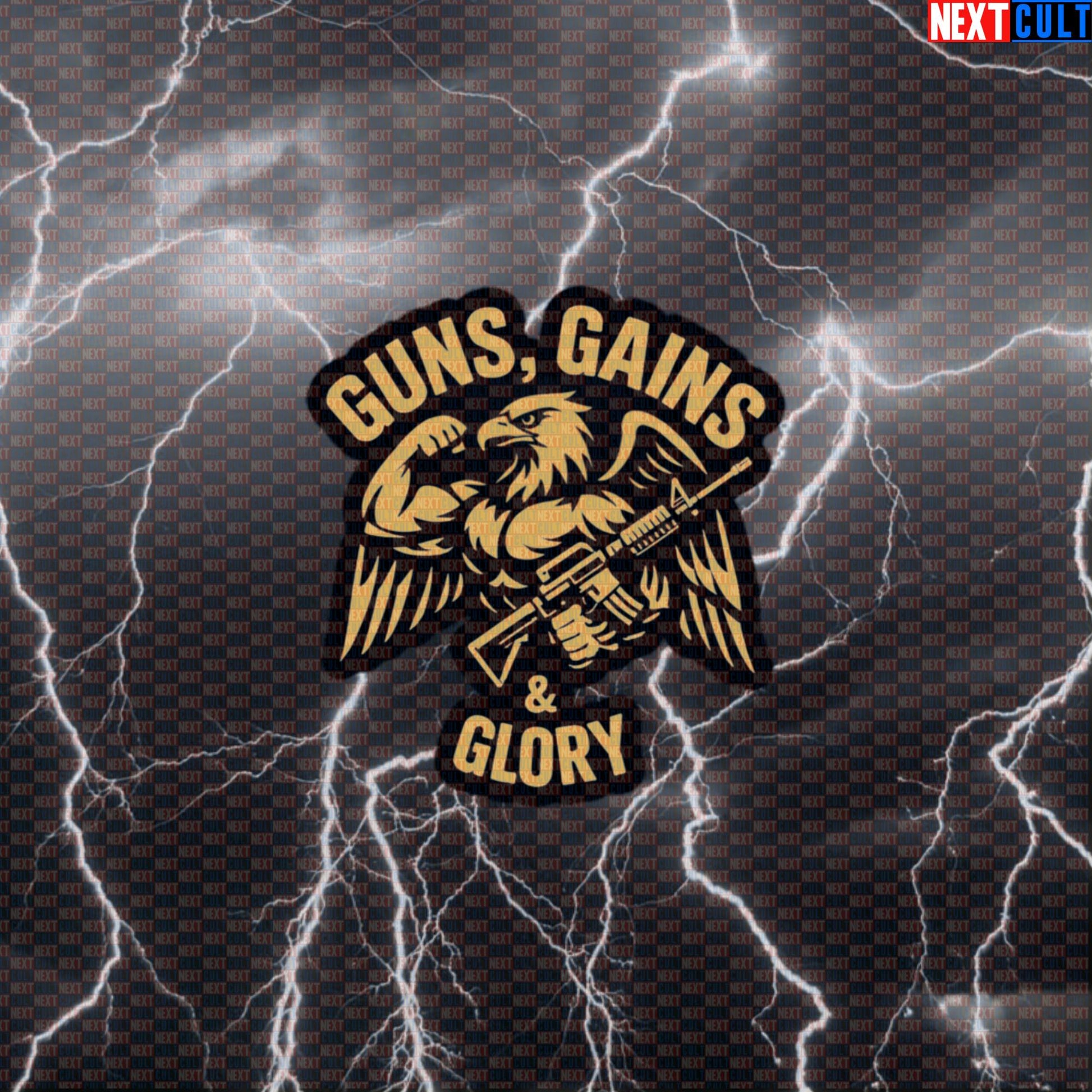 Guns Gains Glory Gym Sticker | Patriotic Eagle Workout Decal for Water Bottles | Funny Fitness Meme Sticker Default Title Stickers 4th of July Bodybuilding Fitness Gym Powerlifting Workout Next Cult Brand