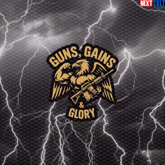 Guns Gains Glory Gym Sticker | Patriotic Eagle Workout Decal for Water Bottles | Funny Fitness Meme Sticker Default Title 4th of July Bodybuilding Fitness Gym Powerlifting Workout Next Cult Brand