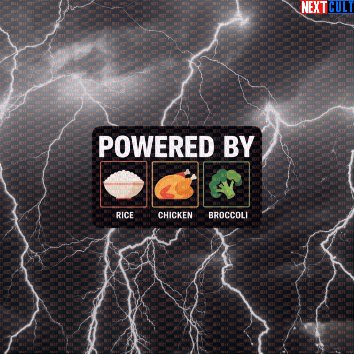 Powered By Rice Chicken Broccoli Sticker | Funny Gym Bro Diet Decal for Water Bottles & Meal Prep Containers Default Title Stickers Bodybuilding Fast Food Fitness Gym Workout Next Cult Brand