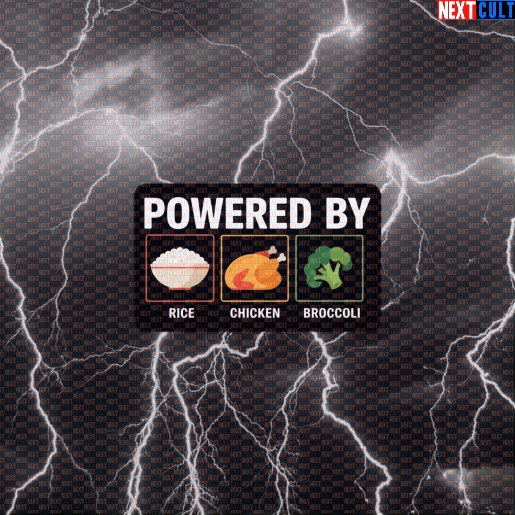Powered By Rice Chicken Broccoli Sticker | Funny Gym Bro Diet Decal for Water Bottles & Meal Prep Containers Default Title Stickers Bodybuilding Fast Food Fitness Gym Workout Next Cult Brand