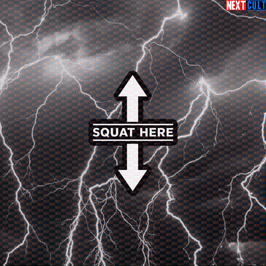 Squat Here Funny Gym Sticker | Edgy Workout Decal for Water Bottles & Gym Equipment | Gym Meme Sticker Default Title Stickers Bodybuilding Fitness Gym Leg Day Powerlifting Workout Next Cult Brand