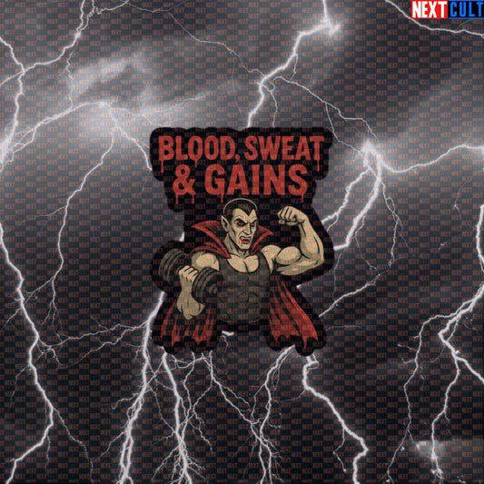Blood Sweat & Gains Dracula Gym Sticker | Funny Vampire Workout Decal for Lifters Default Title Stickers Bodybuilding Films Fitness Gym Halloween Workout Next Cult Brand