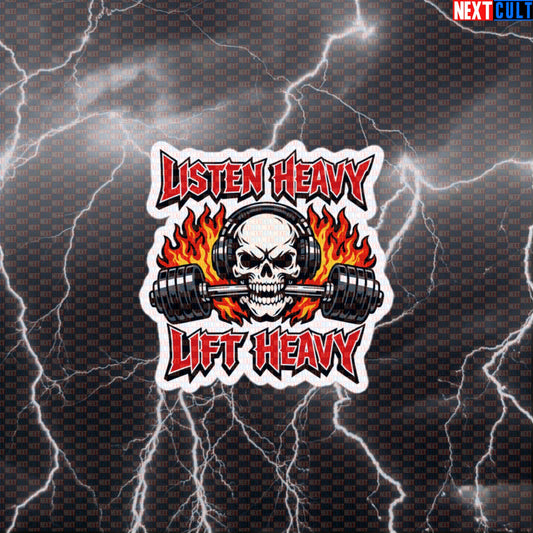 Listen Heavy Lift Heavy Gym Sticker | Heavy Metal Lifting Skull Decal For Lifters & Gymbros Default Title Stickers Next Cult Brand