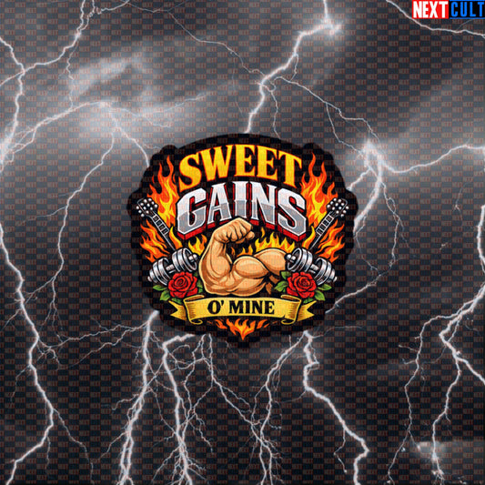 Sweet Gains O' Mine Funny Gym Sticker – Rock Music Fitness Decal for Bodybuilding, Powerlifting, Lifting Memes & Gymbro Humor Default Title Stickers Bodybuilding Fitness Guns N' Roses Gym Powerlifting Rock Music Workout Next Cult Brand