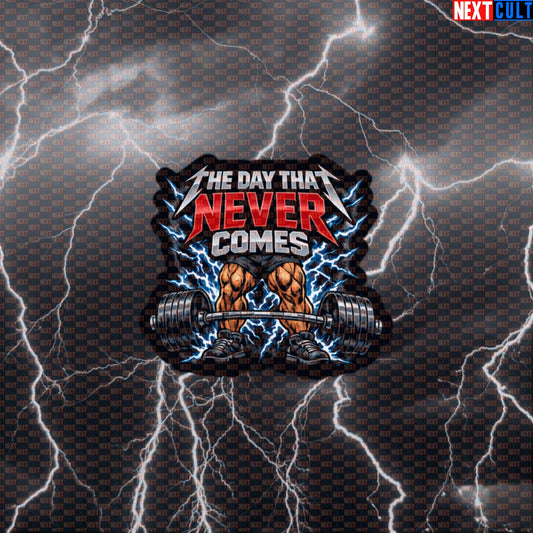Leg Day The Day That Never Comes Funny Gym Sticker — Metallica Rock Music Bodybuilding & Powerlifting Meme Decal for Fitness Lifters Default Title Stickers Next Cult Brand