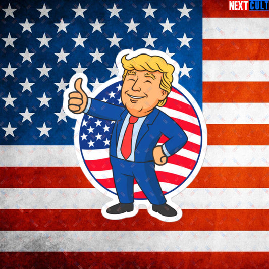 President Boy Donald Trump Politics Vault Boy Fallout Funny Meme Cartoon Mashup Bubble-free stickers 4″×4″ Stickers Donald Trump Fallout Politics Republicans Vault Boy Next Cult Brand