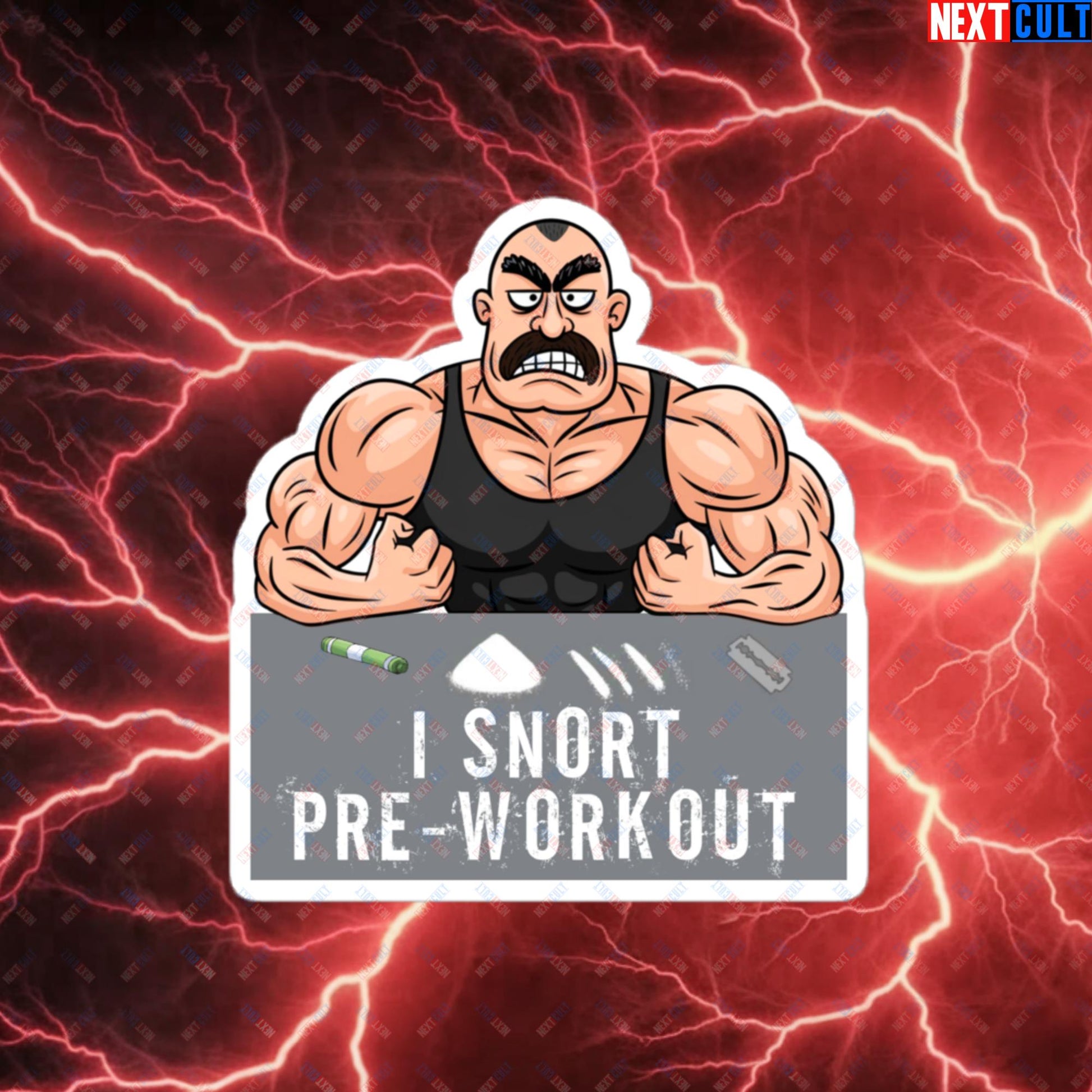 I Snort Pre-workout Gym Bro Fitness Bodybuilding Workout Weightlifting Powerlifting Funny Meme Cartoon Bubble-free stickers 4″×4″ Stickers Fitness Gym Workout Next Cult Brand