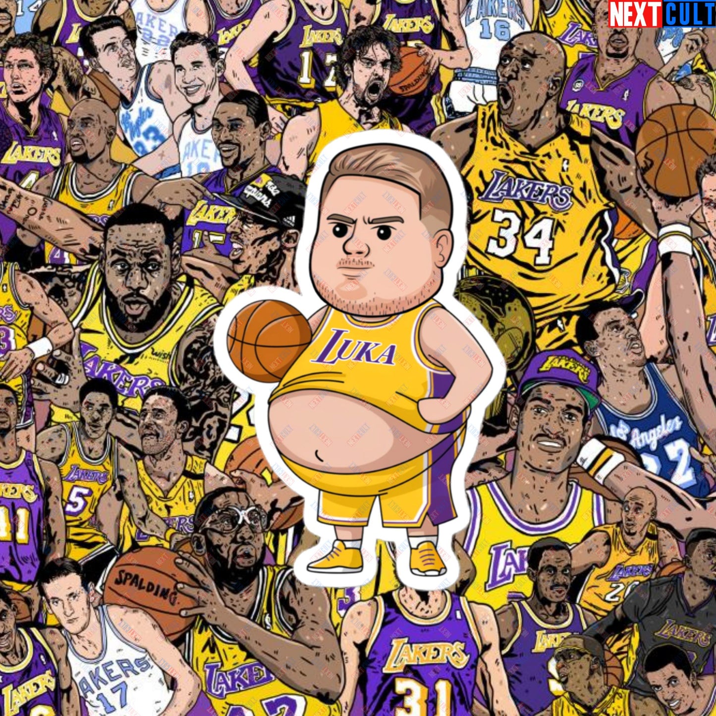 Fat Luka Doncic Los Angeles Lakers NBA Basketball Funny Meme Cartoon Bubble-free stickers 4″×4″ Stickers Basketball Los Angeles Lakers Luka Doncic NBA Next Cult Brand