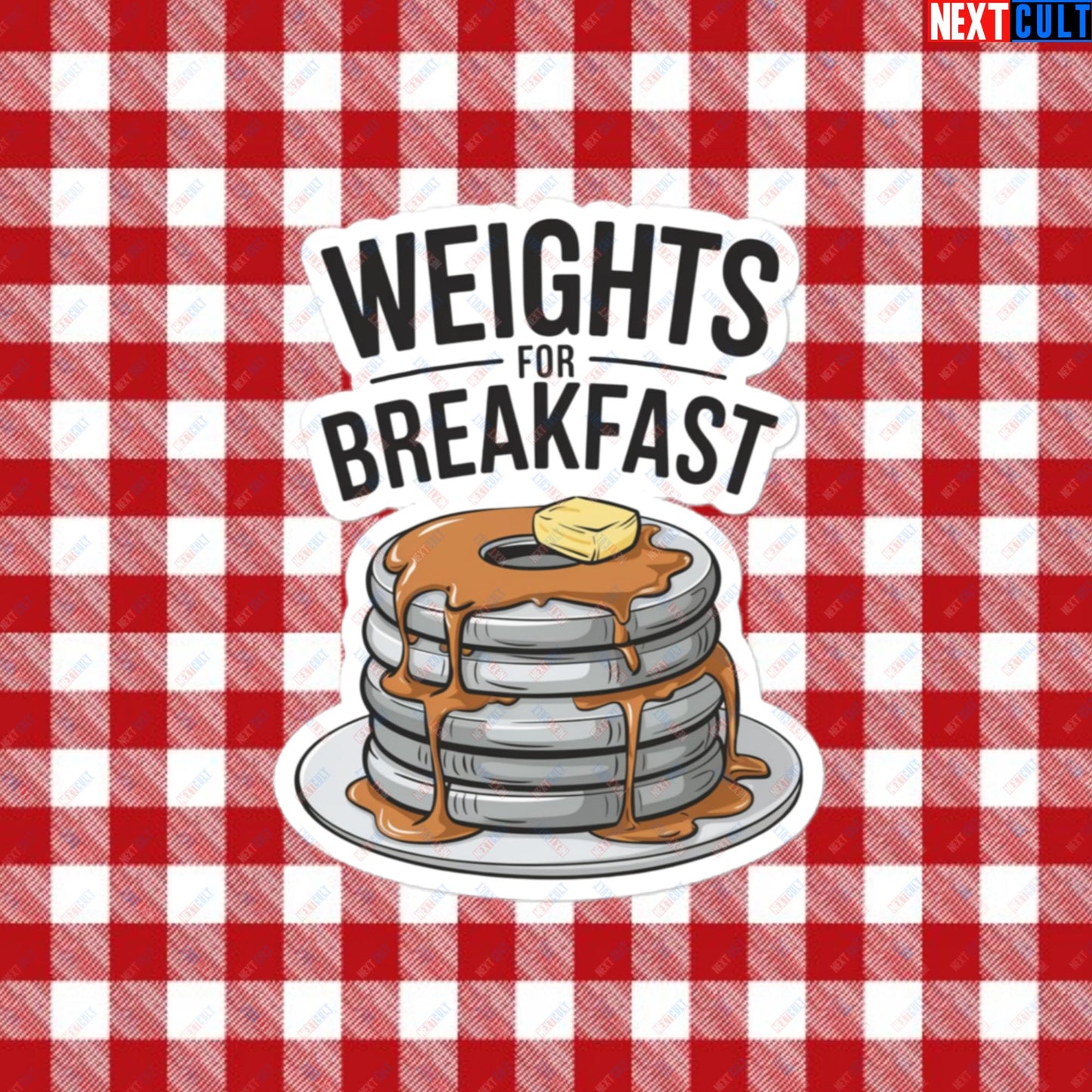 Weights For Breakfast Pancake Weights Funny Gym Workout Fitness Lifting Meme Cartoon Bubble-free stickers 4″×4″ Stickers Bodybuilding Bulking Fitness Gym Workout Next Cult Brand