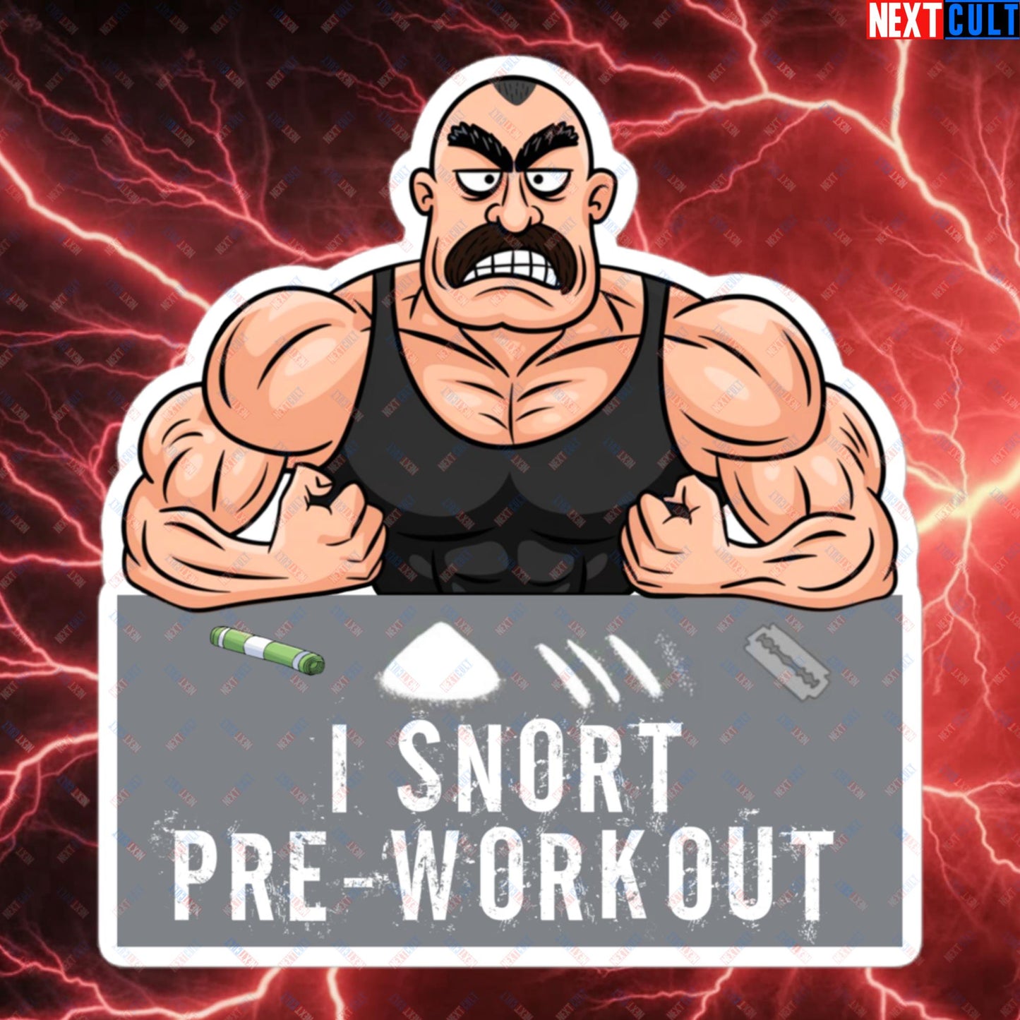 I Snort Pre-workout Gym Bro Fitness Bodybuilding Workout Weightlifting Powerlifting Funny Meme Cartoon Bubble-free stickers 5.5″×5.5″ Stickers Fitness Gym Workout Next Cult Brand