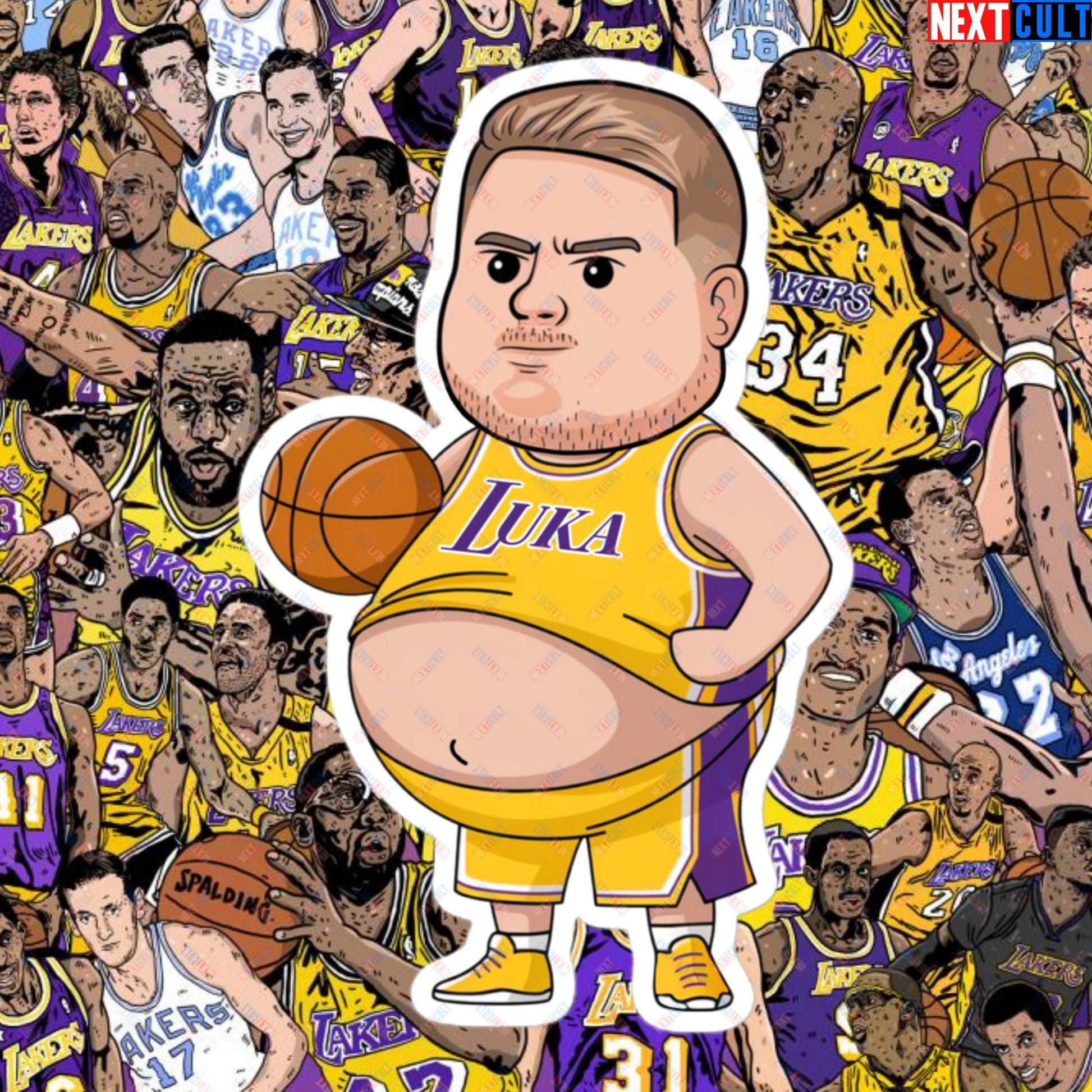 Fat Luka Doncic Los Angeles Lakers NBA Basketball Funny Meme Cartoon Bubble-free stickers 5.5″×5.5″ Stickers Basketball Los Angeles Lakers Luka Doncic NBA Next Cult Brand