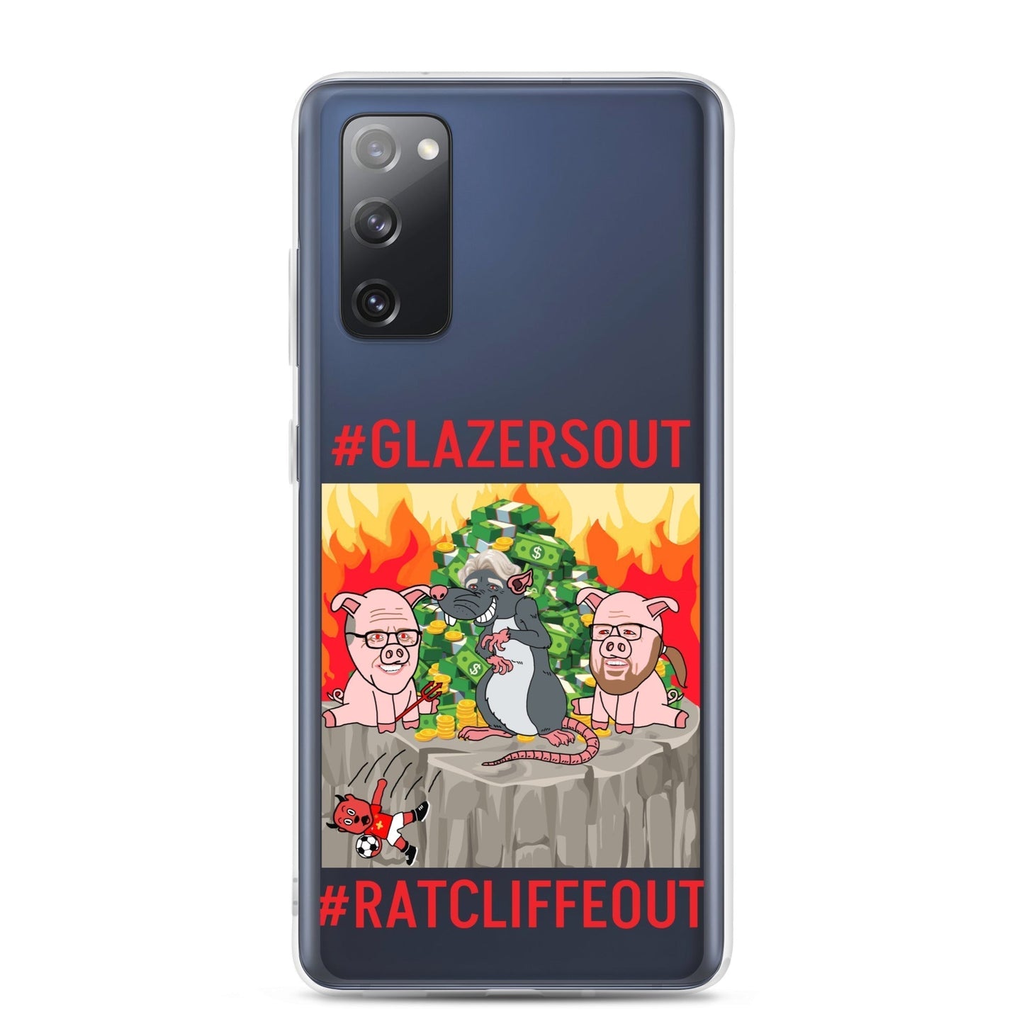 Next Cult Brand Manchester United phone case with #GLAZERSOUT and #RATCLIFFOUT design featuring pigs and a rat