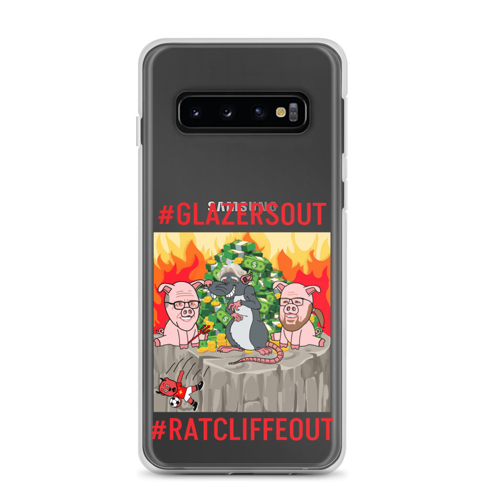 Next Cult Brand Manchester United phone case with #GLAZERSOUT and #RATCLIFFEOUT design and cartoon illustration
