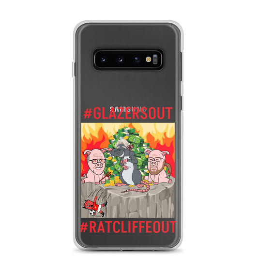 Next Cult Brand Manchester United phone case with #GLAZERSOUT and #RATCLIFFEOUT design and cartoon illustration