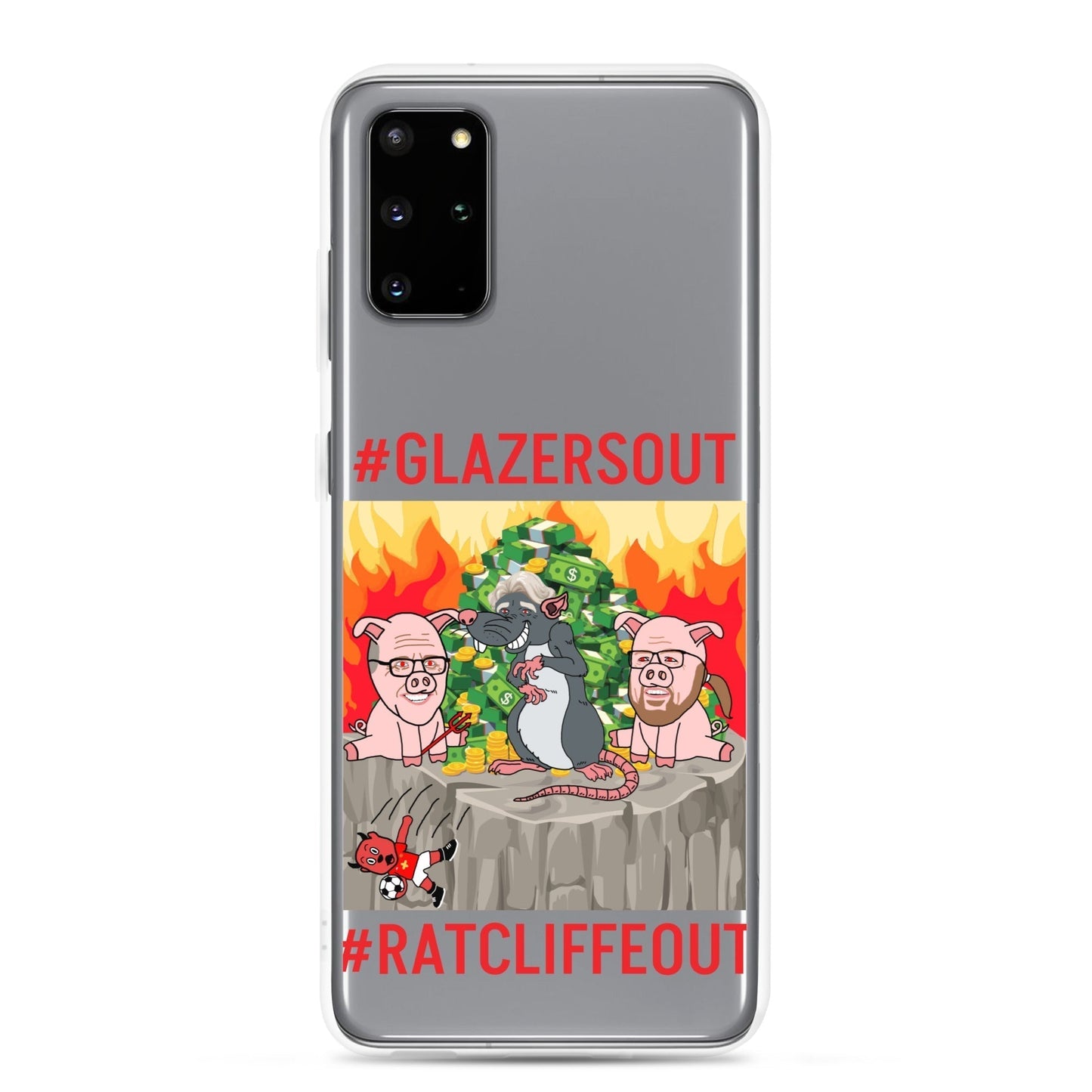 Next Cult Brand Manchester United phone case with #GlazersOut and #RatcliffeOut designs on clear protective cover