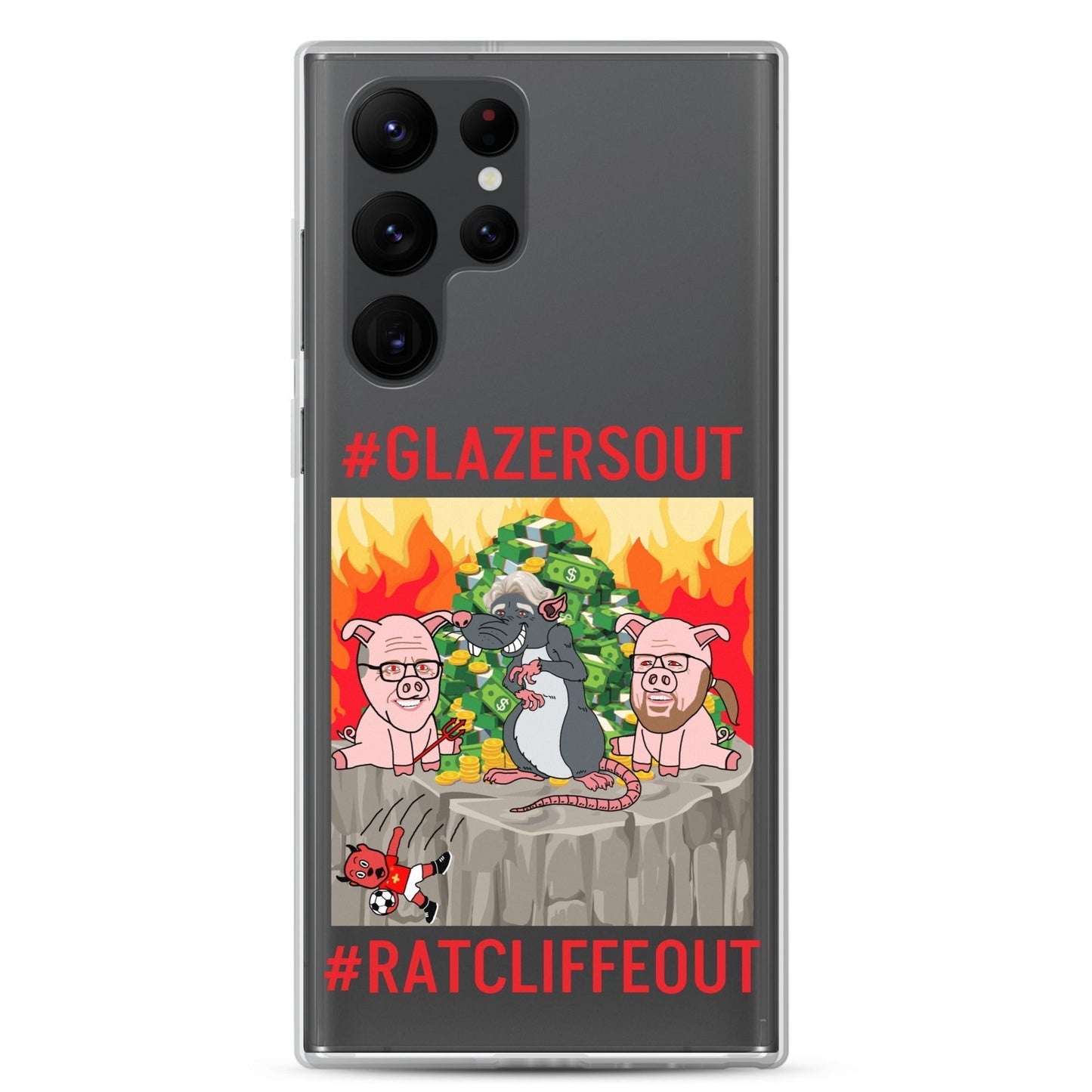 Next Cult Brand Manchester United phone case with #GlazersOut and #RatcliffeOut design featuring cartoon pigs and a rat