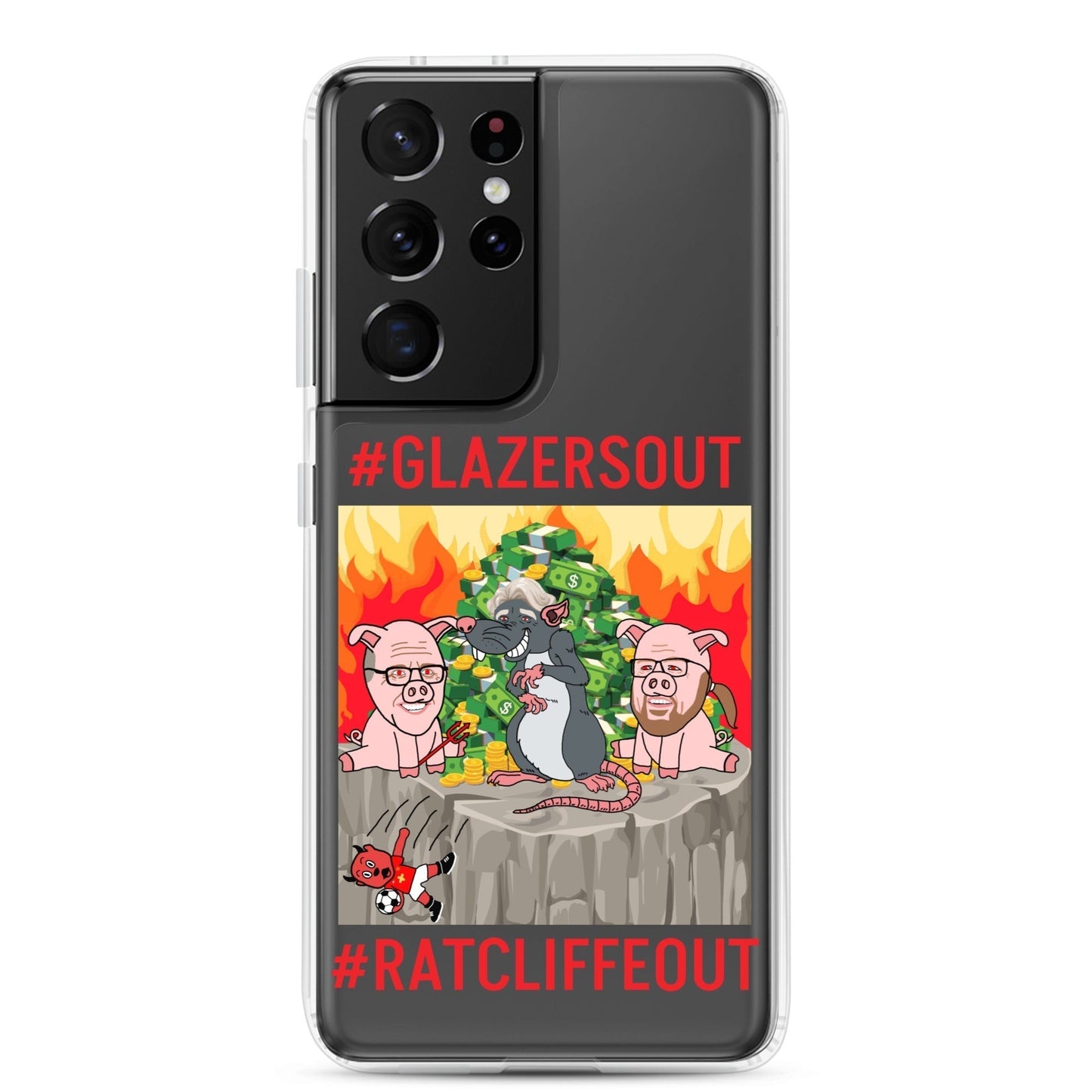 Next Cult Brand Manchester United phone case featuring #GlazersOut and #RatcliffeOut design with cartoon rats and pigs