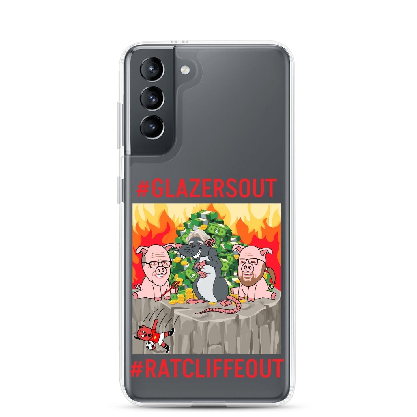 Next Cult Brand Manchester United phone case with #GLAZERSOUT and #RATCLIFFEOUT design featuring pigs and a rat around money