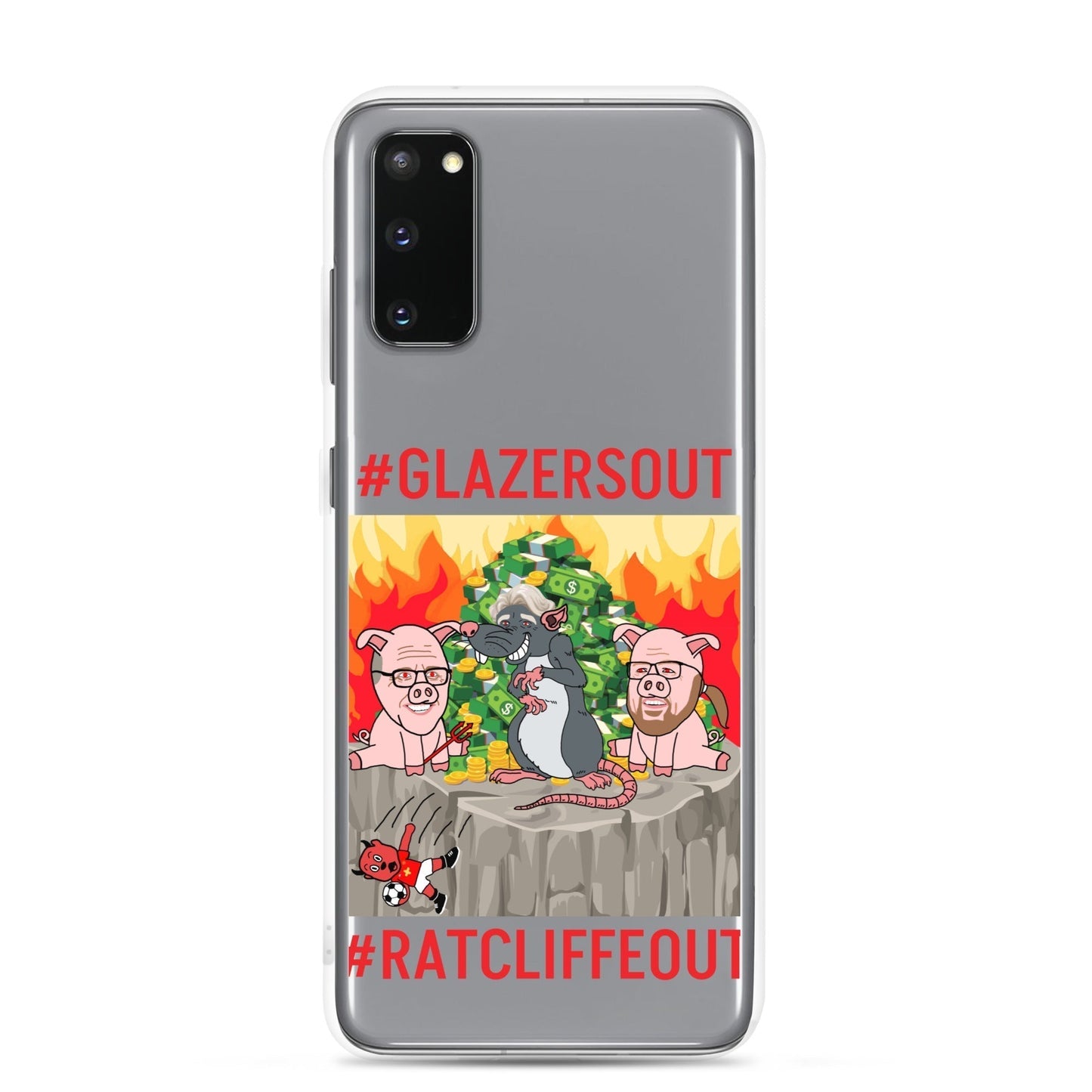 Next Cult Brand Manchester United phone case with #GlazersOut and #RatcliffeOut design featuring a rat and pigs illustration