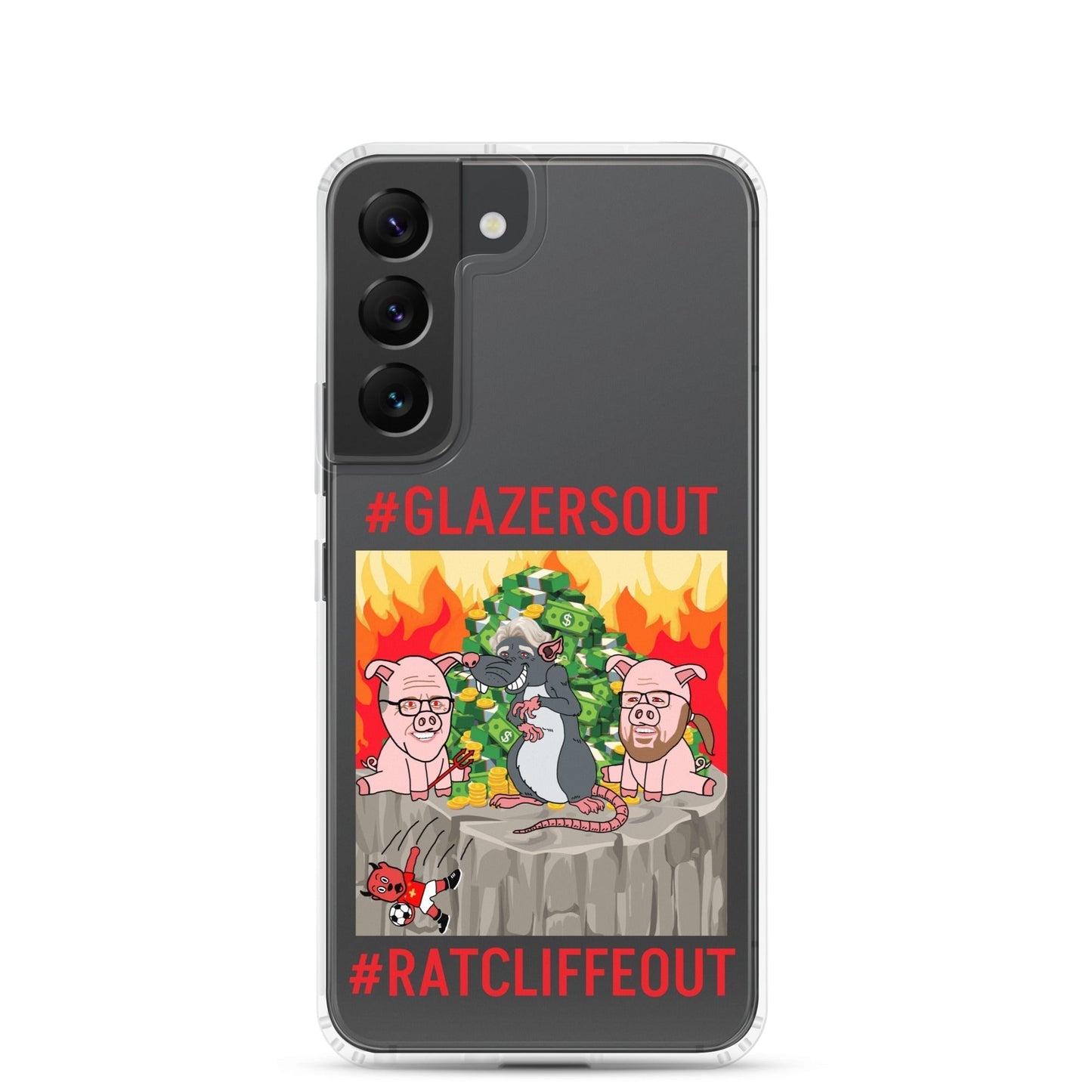 Next Cult Brand Manchester United phone case with transparent design and #GLAZERSOUT artwork featuring cartoon pigs and rat