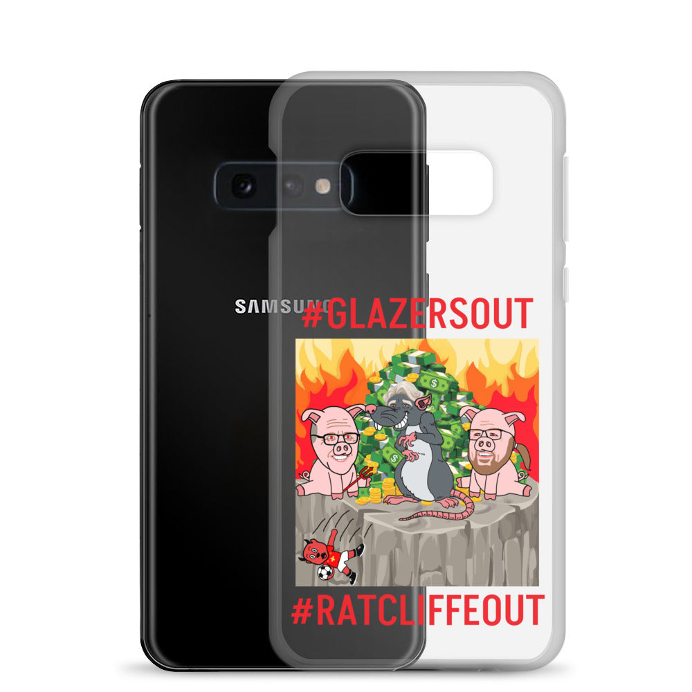 Next Cult Brand Manchester United phone case with #GLAZERSOUT and #RATCLIFFEOUT design featuring cartoon pigs and rat